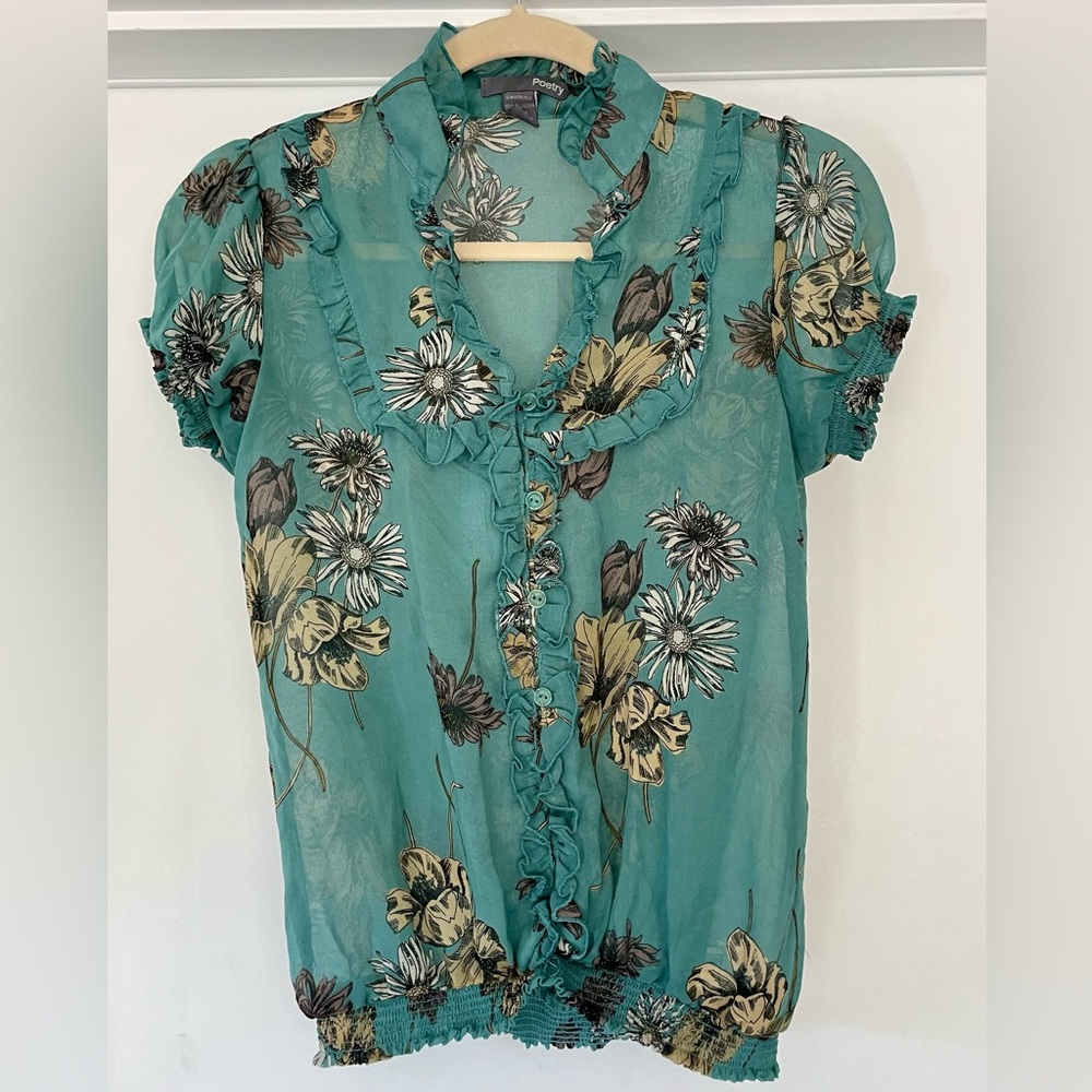 Poetry floral button down blouse, ruffle detail, teal green/brown, szS, EUC